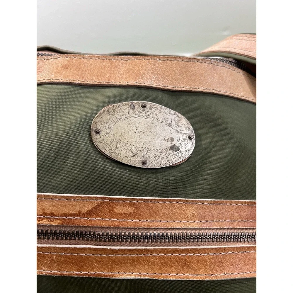 Vintage Waxed Canvas Weekender Duffle Bag Olive Drab Brown Leather Western 70s